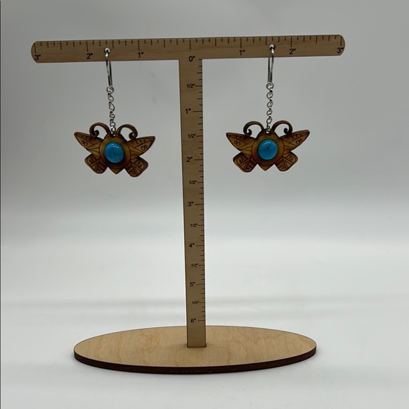 Handmade Wood Carving & Pyrography Butterfly Earrings with Bead NWT - Picture 3 of 6